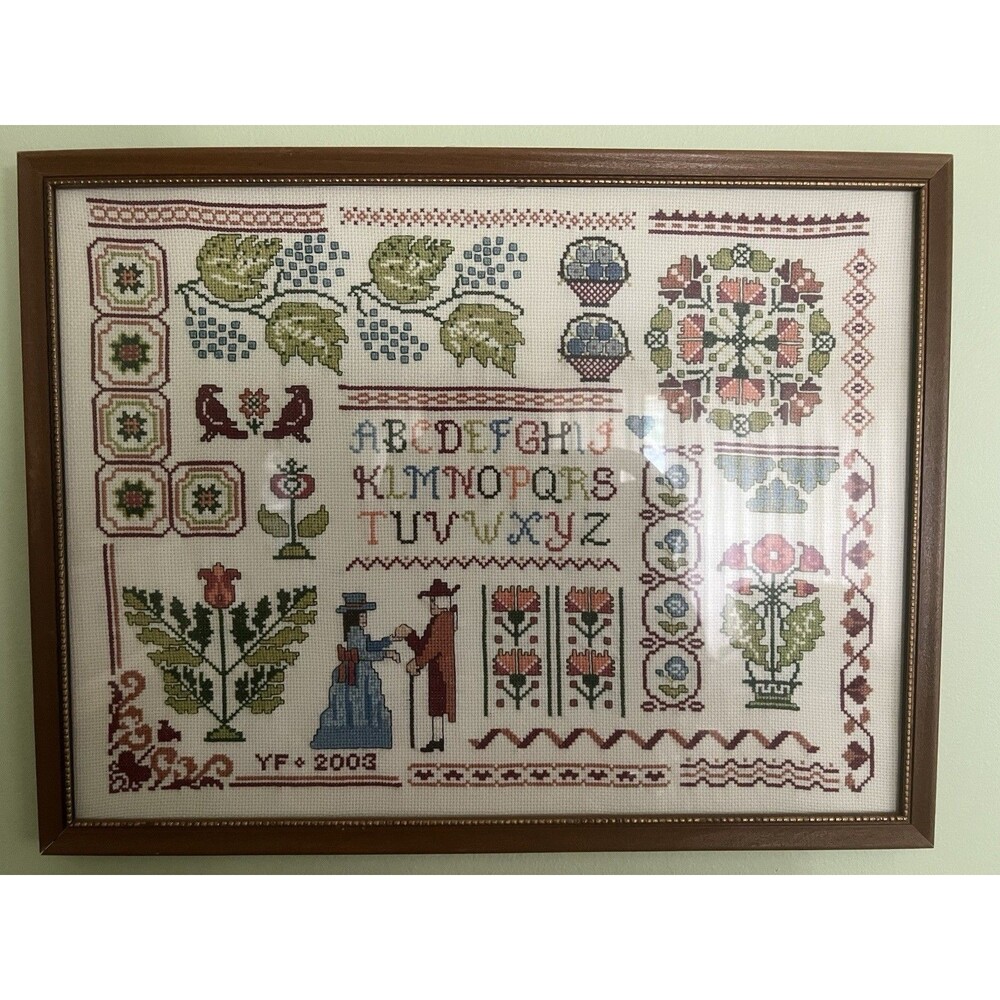 Alphabet Cross Stitch Sampler Framed Farm House